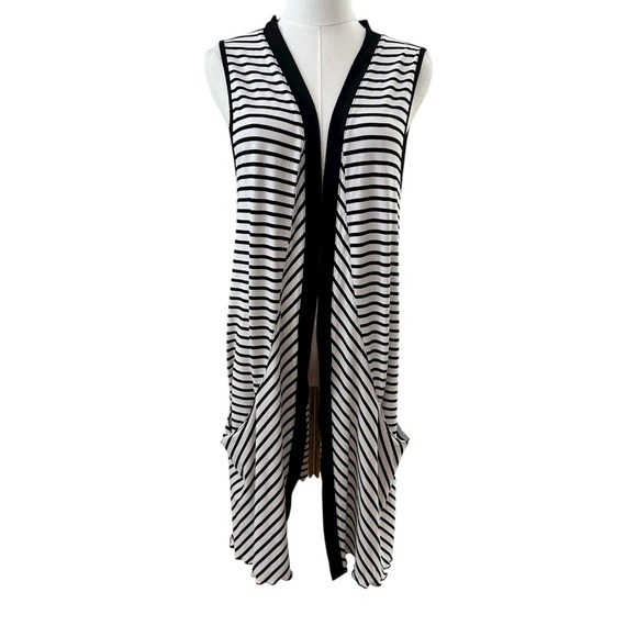 Chico's Women's XL Black White Stripe Open Front Tunic Sleeveless Cardigan Top - Picture 1 of 4